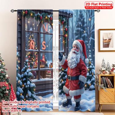 2pcs 2D Flat Printing Christmas Curtain Santa Christmas Snow Scene Polyester Fabric Without Electricity Party & Holiday Decor