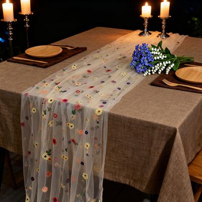 Embroidered Flower Table Runner Sheer Mesh Gauze Tablecloth for Spring Summer Delicate Floral Lace Table Decor for Wedding Party Dining Table