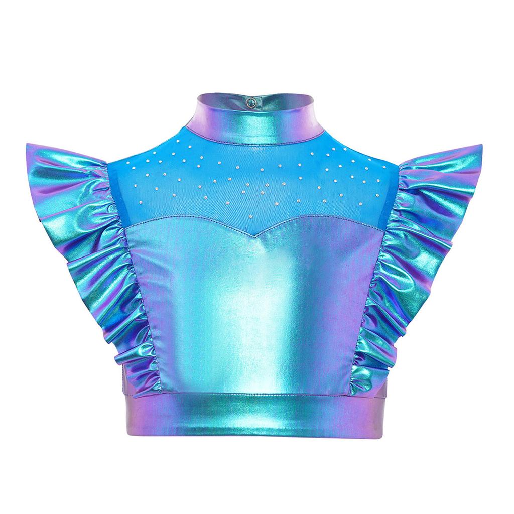 Kids Dance Shirt Metallic Mock Neck Mesh Patchwork Rhinestone Ruffle Crop Top with Press Buttons