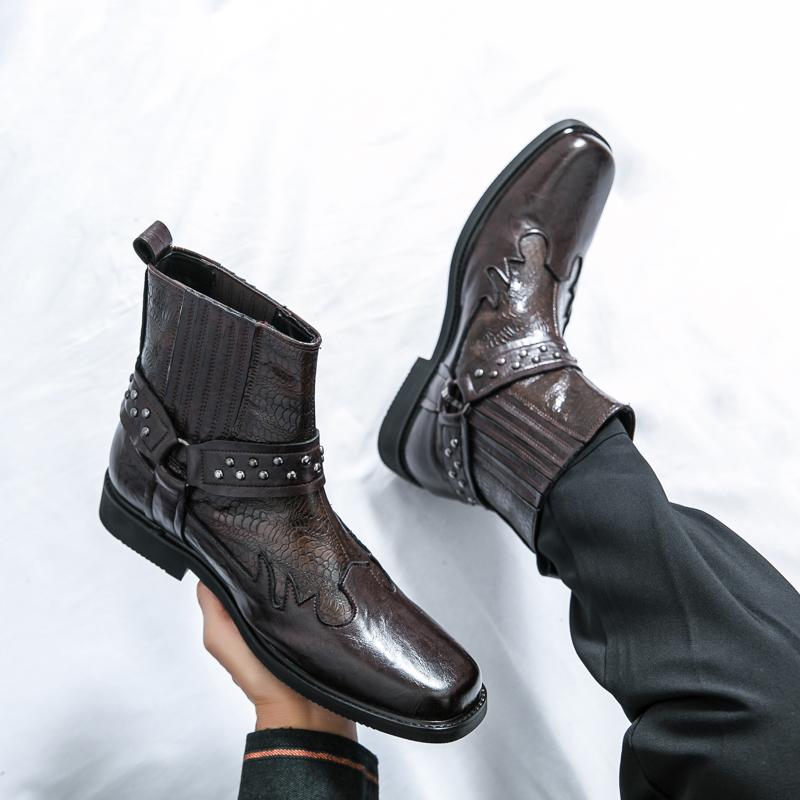 Pánské retro westernové kovbojské boty se širokou hlavou žokejské boty Motocyklové boty pouliční styl Cool vysoké boty nadměrná velikost