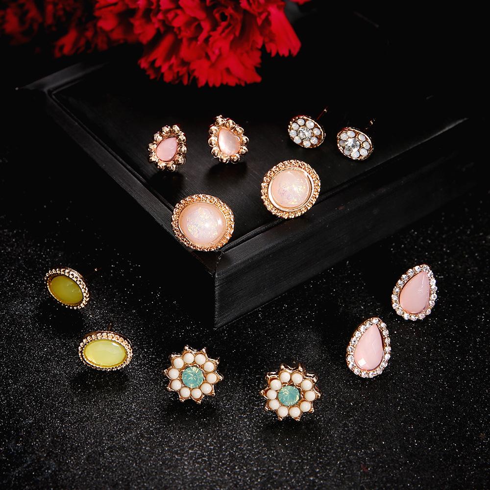 Multi-Element Water Drop Rhinestone Flower Stud Earrings Opal Earrings Multi-Piece Set