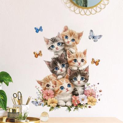 Cute Little Cat Flower Butterfly Stickers For Bedroom Living Room Wall Decor Kids Nursery Decals Removable Home Decor