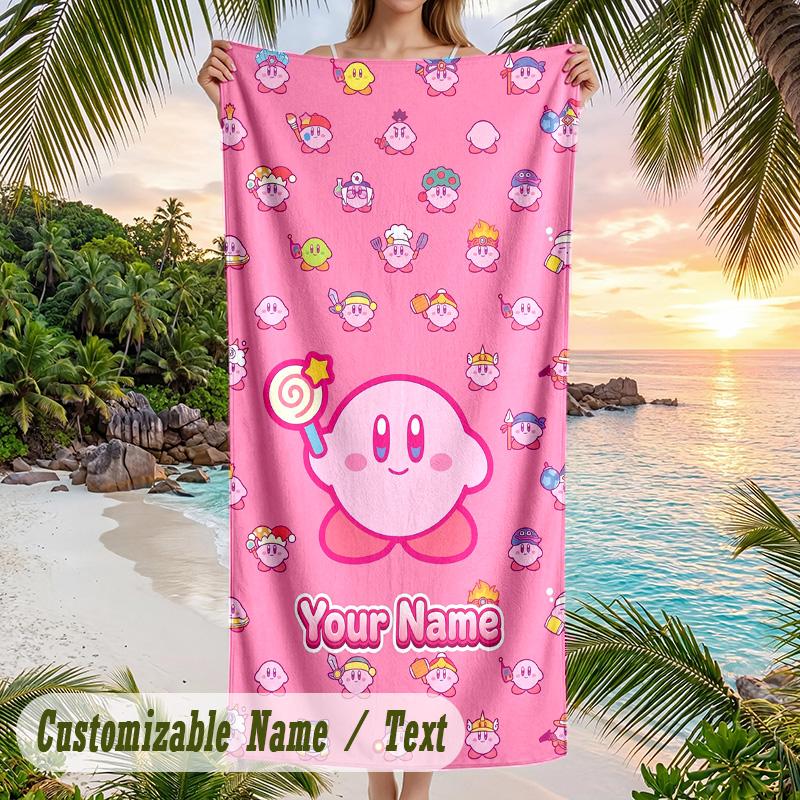 Kirby Beach Towel, Personalized Custom Text, Quick Dry Soft Large Towel For Swimming Pool Travel