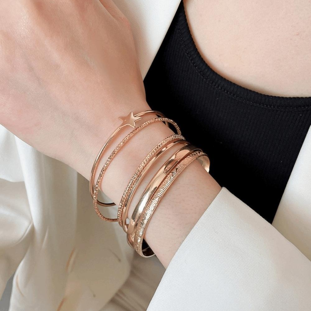 6Pcs/7Pcs Europe American Style Wide Open Bangle Set Gold Silver Exaggerated Bracelet Girls