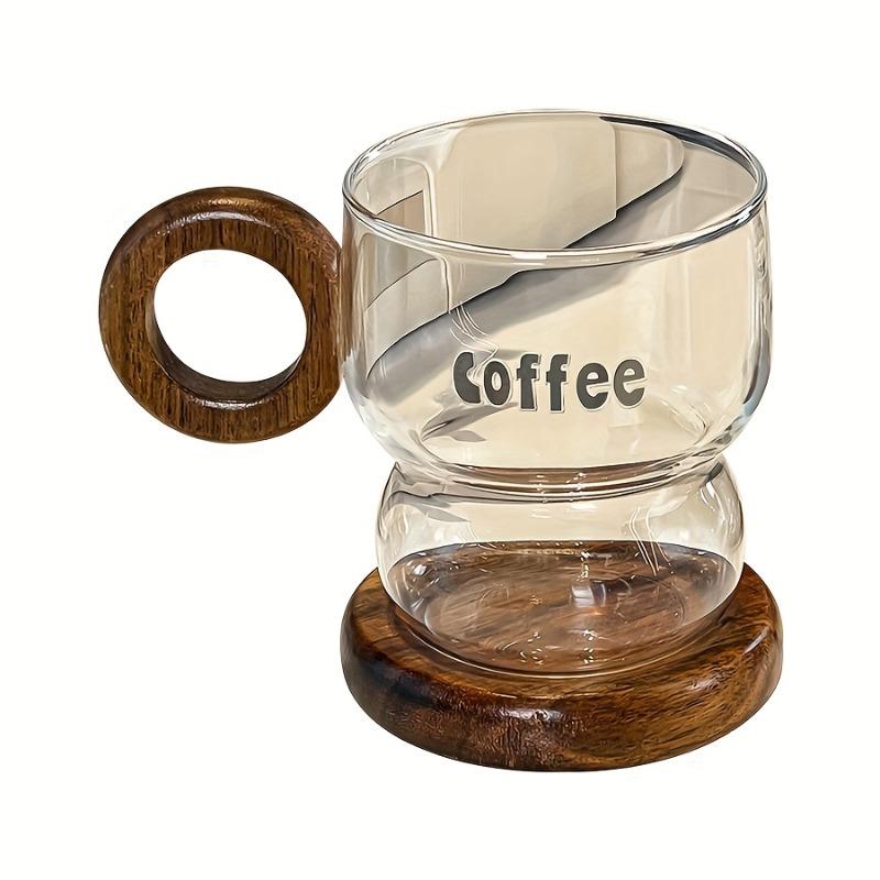 1pcs Glass Mug Water Cup Home Office Coffee Breakfast Milk Juice Cold Drink Cup with Wooden Handle & Base