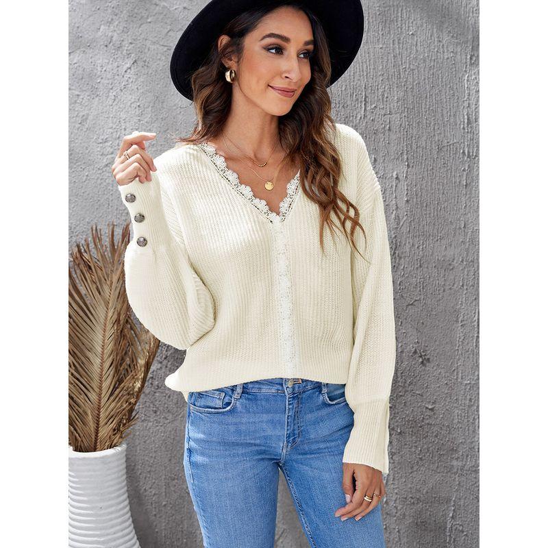 Fall and Winter Lace V-neck Loose Cropped Pullover Sweater