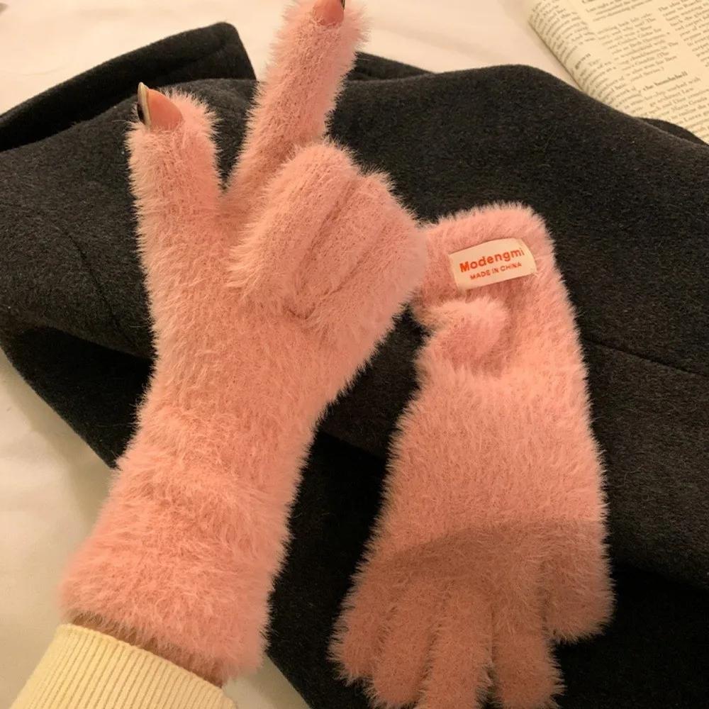 Korean Warm Winter Gloves Mink Fleece Soft Thick Velvet Mittens Touch Screen Gloves Winter Accessories розовый