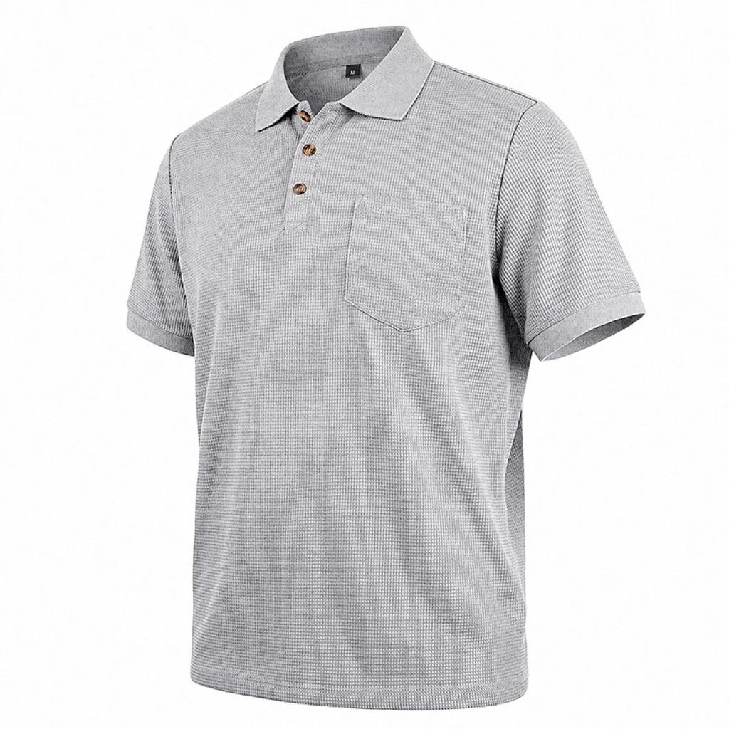 Men's Breathable Waffle Knit Polo Shirt Short Sleeve Button Placket Chest Pocket Loose Fit Summer Tops