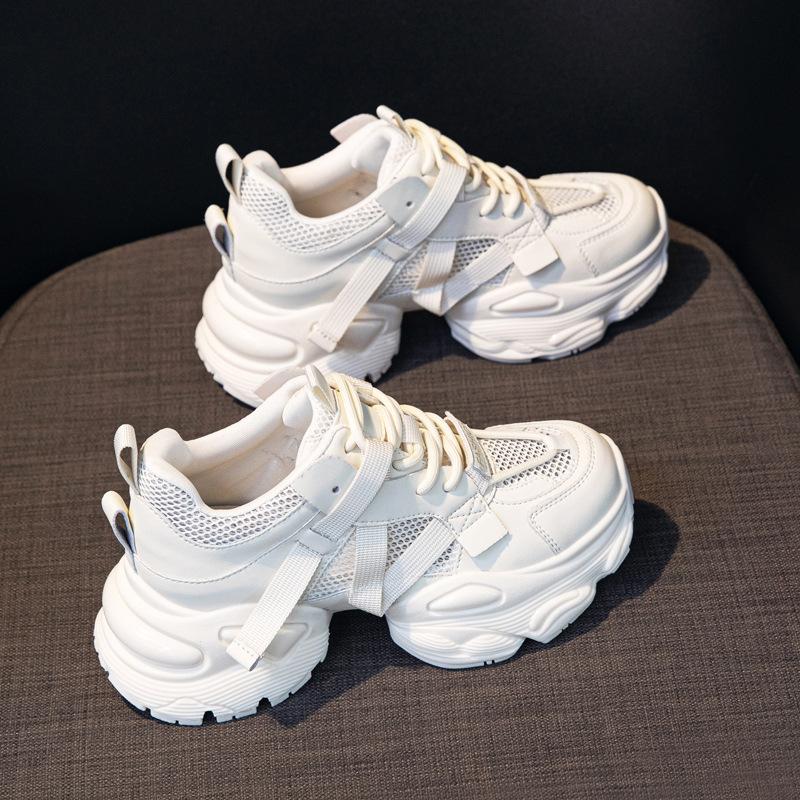 Leather platform dad shoes women's 2025 summer new versatile heightening breathable mesh white shoes sports and leisure shoes