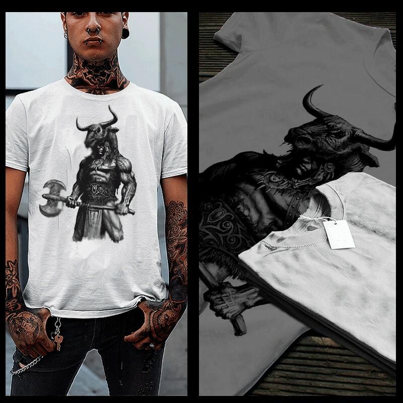 

Barbarian T-shirt Viking Warrior with Axe Norse Nordic Odin Savage XL White tee 2XL