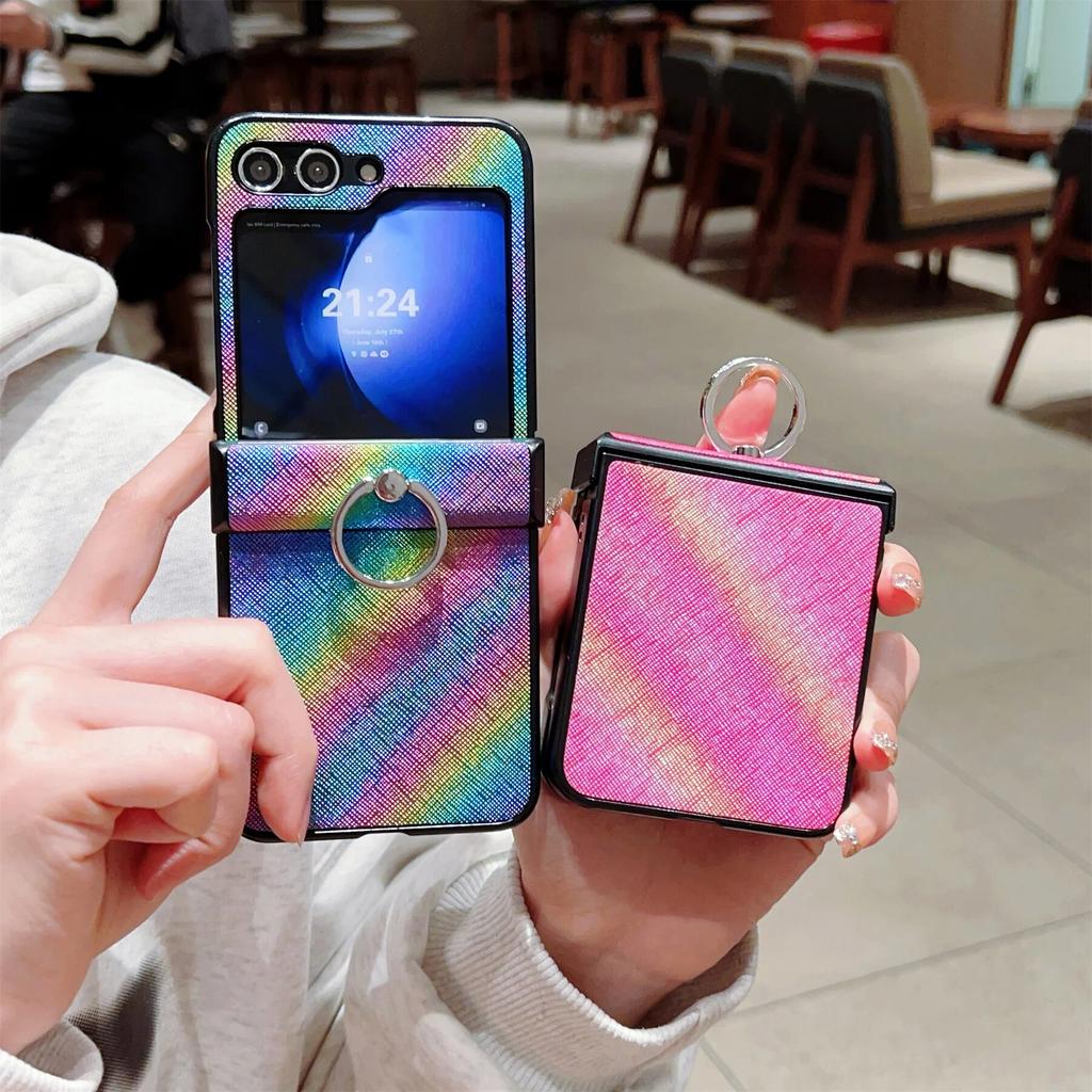 Colorful Gradient Ring for Convenient Fall Prevention Case for Samsung Galaxy Z Flip 3 4 5G Flip4 ZFlip5 Shockproof Cover