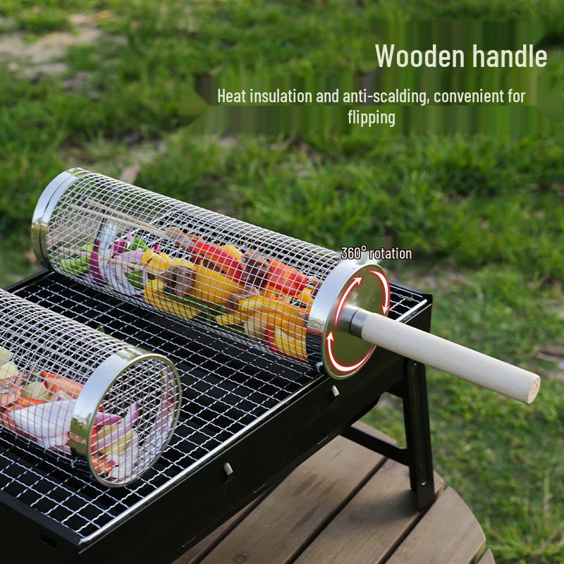 Rolling BBQ Cage: Outdoor Grill Basket with Wooden Handle, 304 Stainless Steel, Non-Infringing BBQ Cylinder Grill Net.