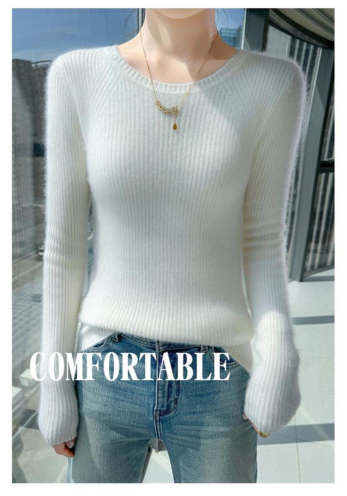 Women's 100% Pure Wool Round Neck Sweater - Slim Fit, Chic, Long Sleeve, Knitted Cashmere, Perfect for Autumn/Winter.