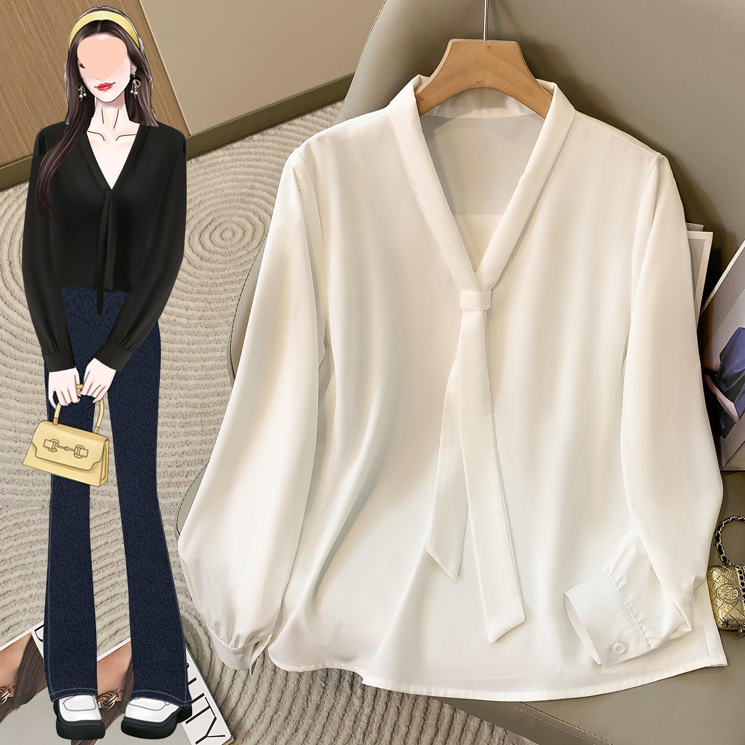 

Plus Size Women s Bowknot V-Neck White Shirt - Flowy Ribbon Design, Professional Top 4XL брудно-білий