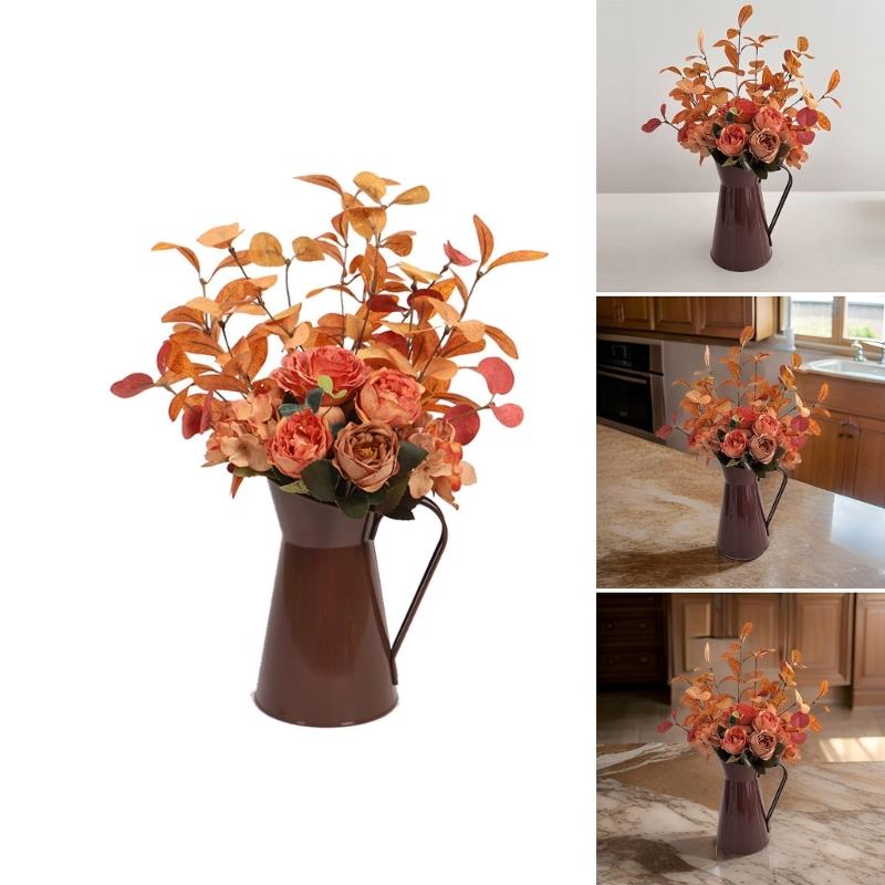 Artificial Rose Flower In Iron Bucket Artificial Leaf Plant Thanksgiving Table Centerpieces Decoration for Weddding