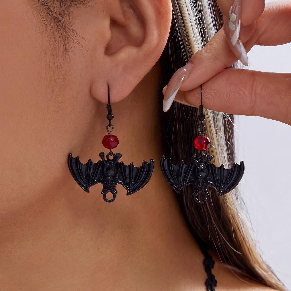 Gothic Punk Black Bat Dangle Earrings For Women Red Crystal Beads Dark Style Bat Drop  Earring Halloween Party Horror Jewelry