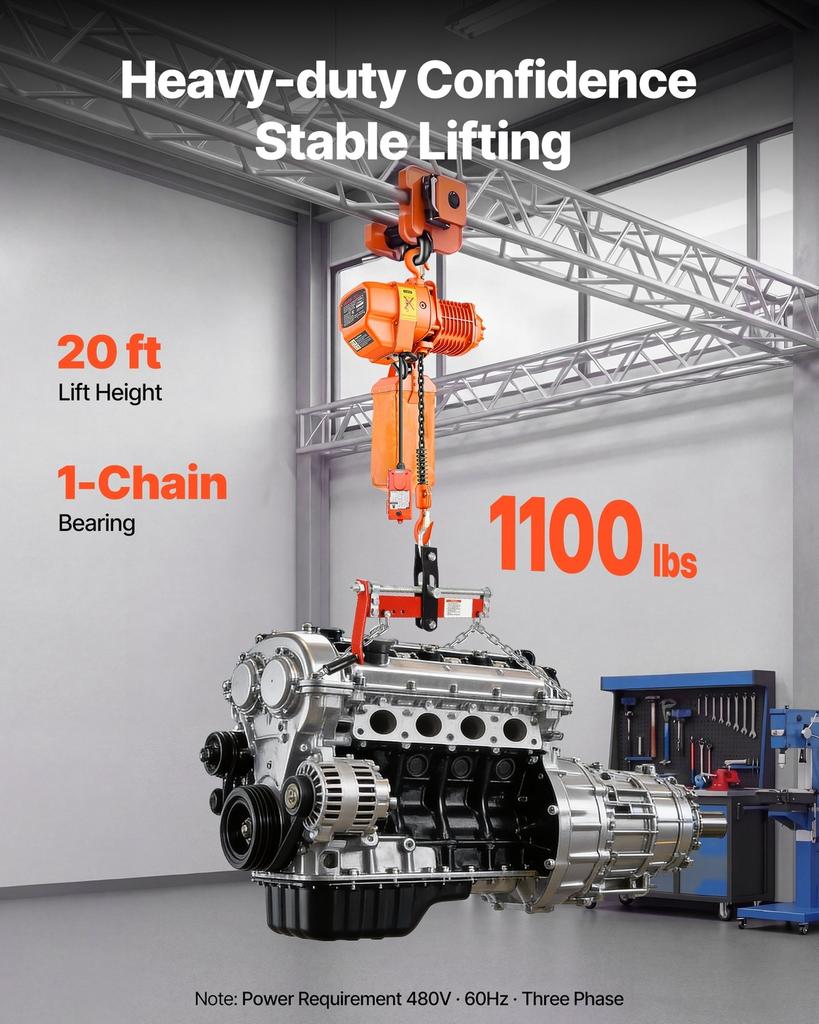 500 Kg Electric Chain Hoist, 6 M Lifting Height, Three-Phase Overhead Crane with 100 M Wireless & 4.5 M Wired Remote Control, Single G80 Chain Hoist