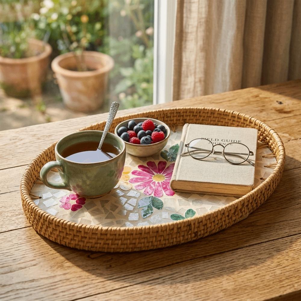 3Pcs Plant Fiber Serving Tray Woven Texture Breathable Structure Decorative Snack Tray Flat Tray Sturdy Fruit Tray Tea-Time Use