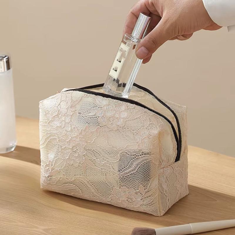 Lace Mesh Women's Makeup Bag Large Capacity Cosmetic and Jewelry Organizer Bag Zipper Square Portable Toiletry Bag Makeup Case