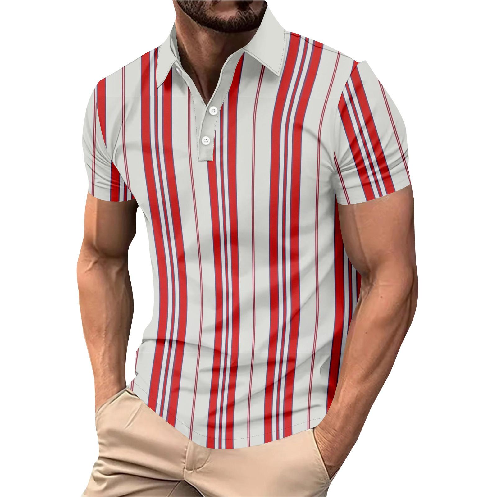 

Летний повседневный мужской топ с короткими рукавами и лацканами с полосатым принтом XL винный