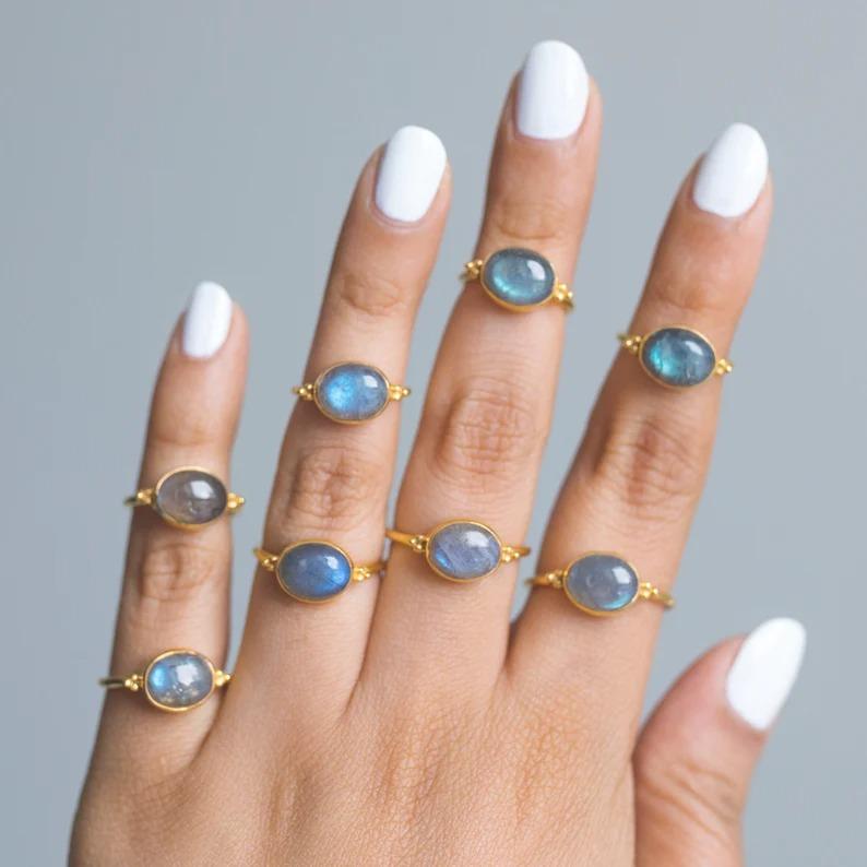 Natural Labradorite Gemstone Blue Flashy Ring, Solid 925 Sterling Silver Ring, Boho Ring, Statement Ring, Yellow Gold Ring, Bezel Ring