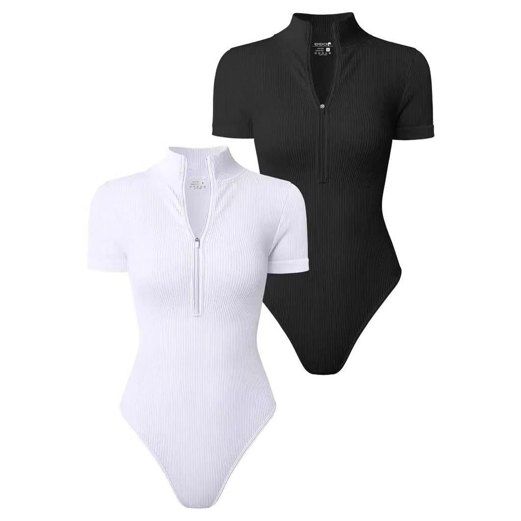 Dámský Sexy Žebrovaný Jednodílný Krátký Rukáv s Předním Zipem a Tanga Bodystocking