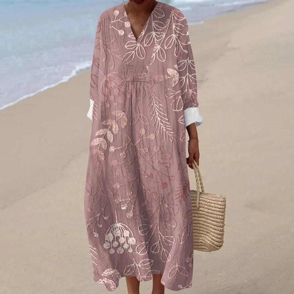 Women's Casual Fashion V-Neck Long Sleeve Floral Print Maxi Dress