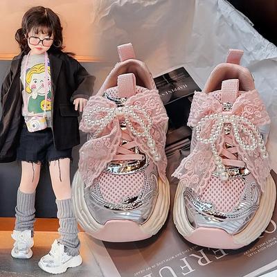 Dziewczęce Sneakersy ze Słodką Siateczkową Kokardą Dziecięce Buty do Biegania Oddychające 2025 Nowa Moda Dziecięce Buty Sportowe Styl Księżniczki Słodkie