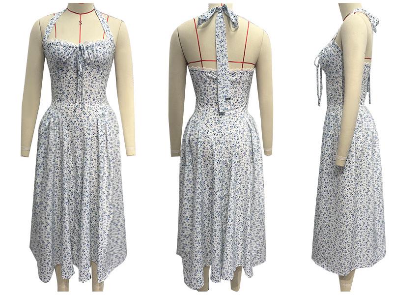 2025 European & American Style Summer Slim Spaghetti Strap Printed Halter Lace Dress