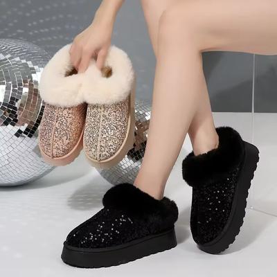 Dicke Sohle Warme Schneestiefel Damen Winter Verdickte Warme Pailletten Baumwollschuhe Bequeme Outdoor Freizeit Pelzschuhe