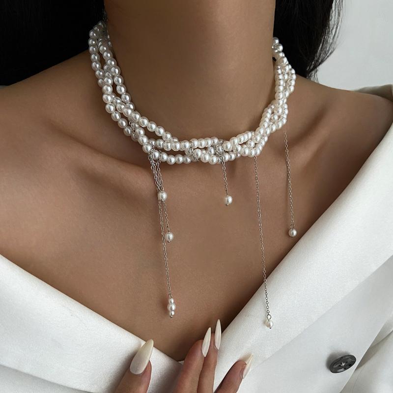 Kadınlar İçin Zarif Çok Katmanlı Sahte İnci Choker Kolye Vintage Yaratıcı Püsküllü Kolye Düğün Takıları