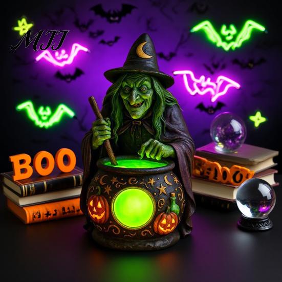 Accesorio de Decoración para Dormitorio Lámpara de Caldero de Bruja de Halloween con Brillo Verde Misterioso Luz LED para Paisaje Adorno Único Grabado Olla de Pociones Espeluznante para Sala de Estar