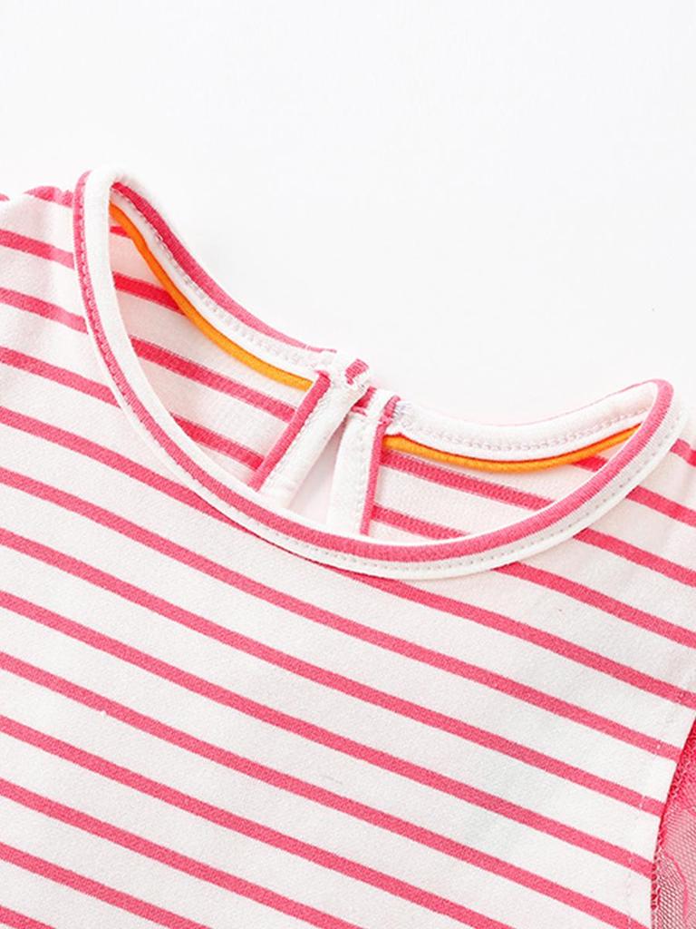 Girls' Cartoon Elephant Embroidered Striped Mesh Dress - Spring/Summer Short Sleeve