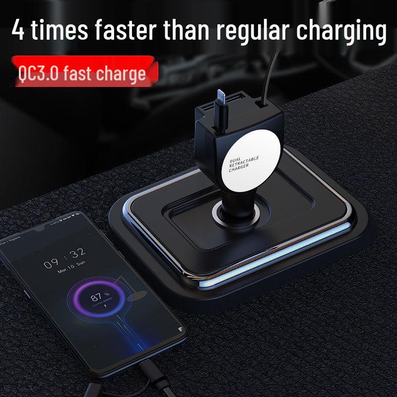 Dual USB Fast Car Charger with Retractable Cable for Huawei and Apple Devices