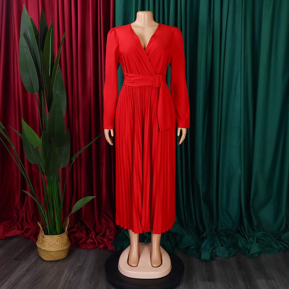 IHUASU Dame Langermet Snøring Ensfarget V-hals Slim Plissert Plussstørrelse Kjole