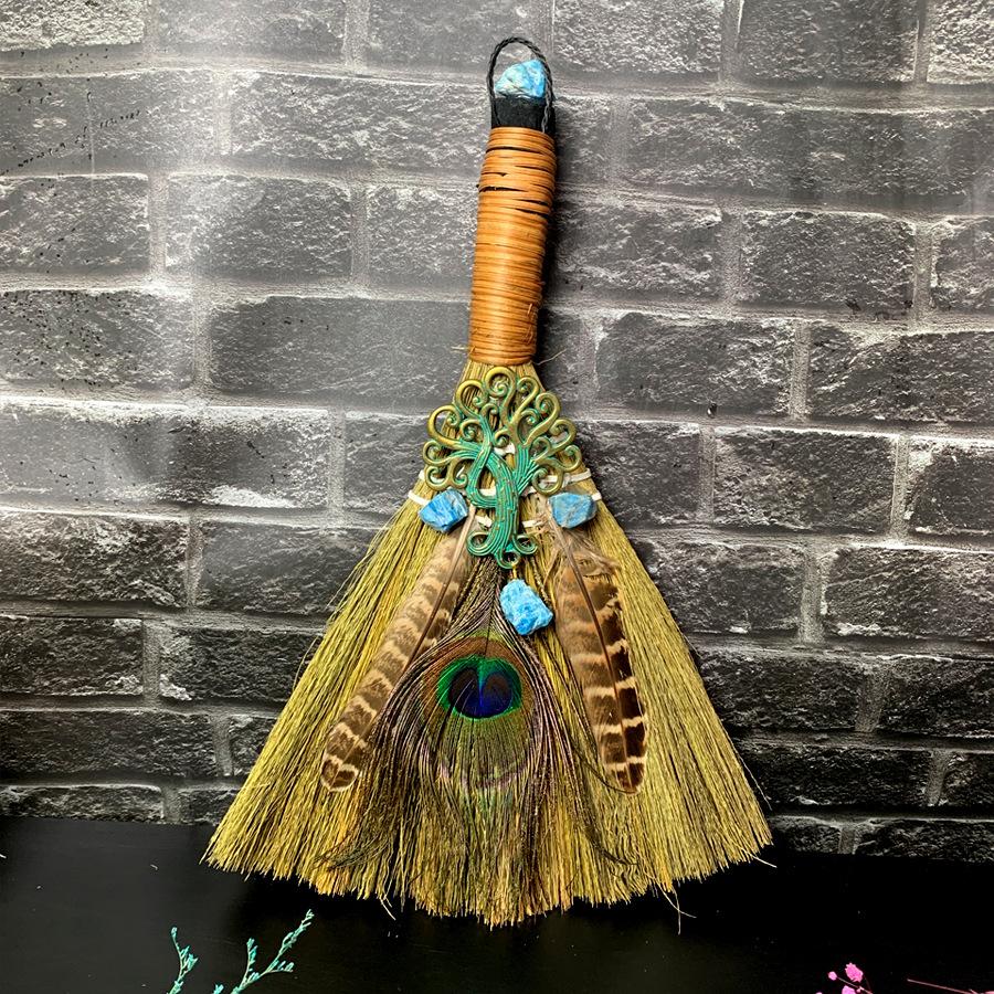 Big Broom Natural Amethyst Life Tree Halloween Peacock Feather Eye Altar Ornament  Witch Mini Broom Home Decoration Handicrafts
