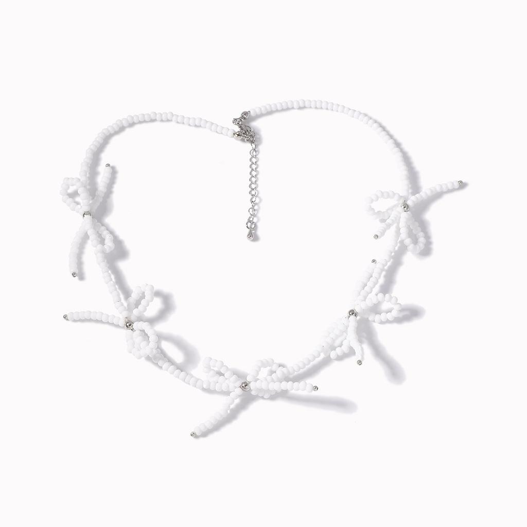Korean Version of Simple Beaded Princess Small Fragrance Bow Necklace Girl Ballet Ribbon Gentle Collarbone Chain