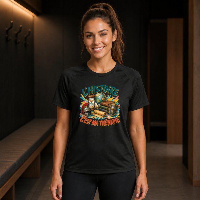 T-shirt de Sport Femme Noir L’Histoire c’est ma thérapie | Polyester Respirant 140 g/m² Manches Raglan Dos Long Taille XL | Running