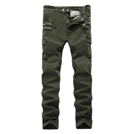 Motorcycle Cargo Pants Pleats Multi Pockets Solid Color Slim Fit Streetwear Hip