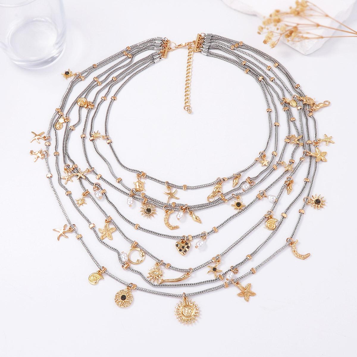 Богемный тренд личности ретро натуральный ветер сплав солнце луна звезда кулон многослойное ожерелье