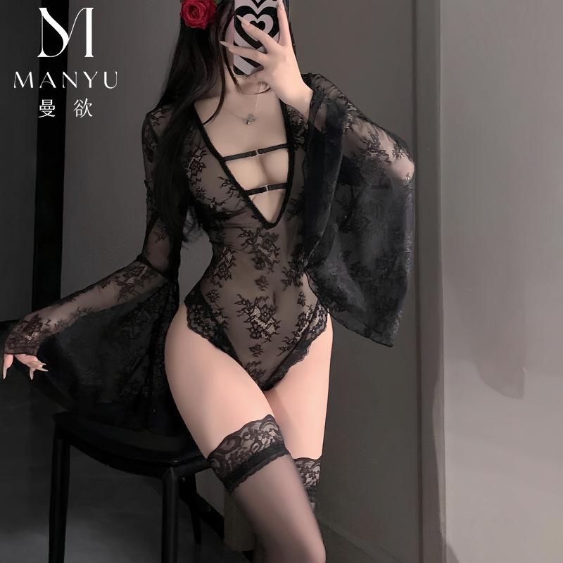 Lace perspective seduction lace hollow mesh deep V crotch horn sleeve one-piece 9392