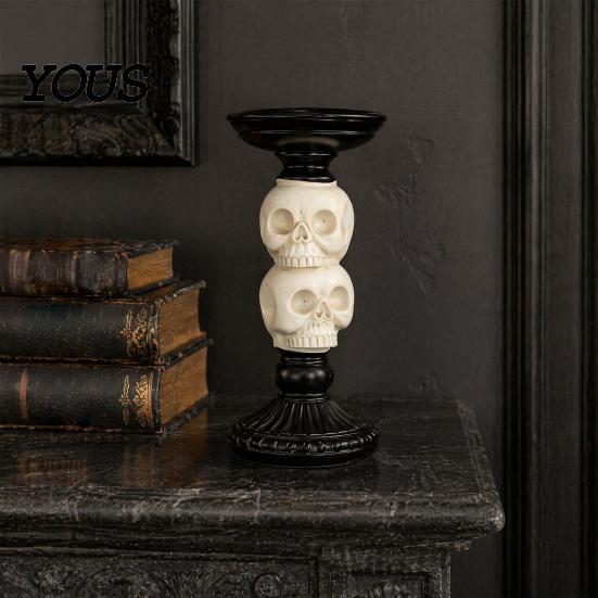Three Dimensional Skull Decor Halloween Candlestick Holder Decoration, Gothic Raven Candle Holder, Spooky for Home Taper Stand Tabletop Room