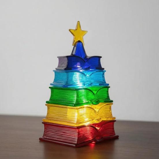 Colorful Book Lamp Stacked Tomes Christmas Tree Night Light Warm LED Lights Bedside Lamp for Holiday Decor Book Lovers Xmas Gift