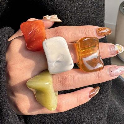 Vintage Colorful Resin Oval Rings for Women Men Exaggerated Acrylic Irregular Geometric Knuckle Joint Ring Y2K Jewelry