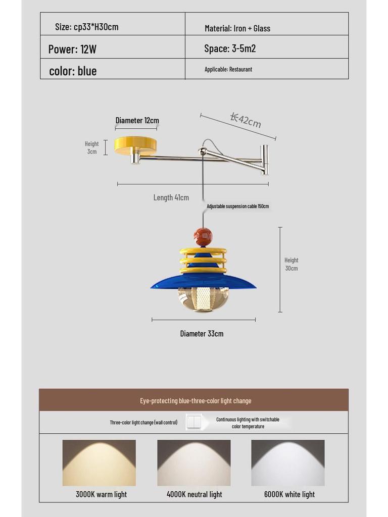 Dopamine Dining Table Set with Swing Arm Pendant Light and Eye-Protecting Ceiling Light for Kids