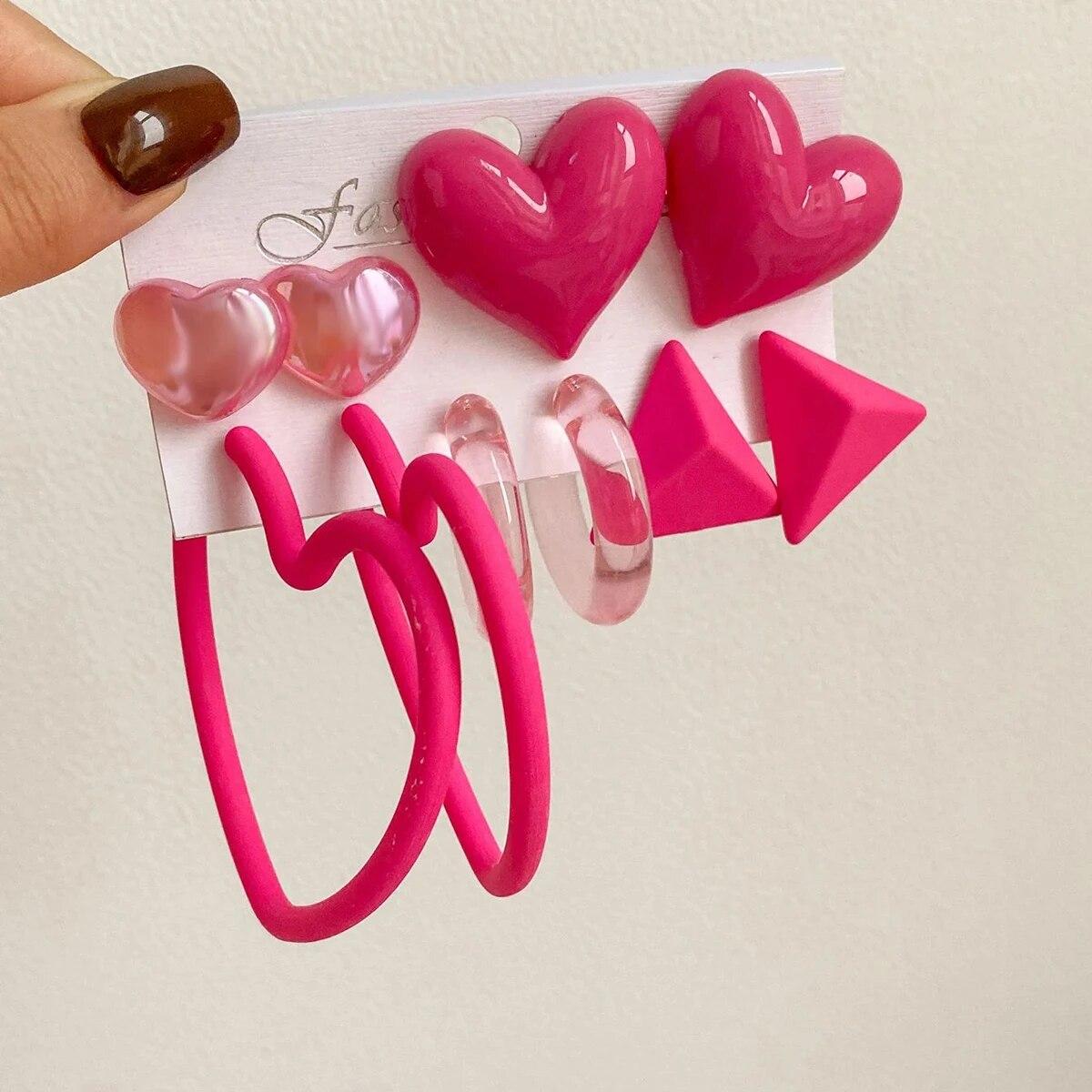 

5 Pairs Fuchsia Heart Triangle Earring Set Lovely Girls Geometric Neon Color Multi Earrings C Hoop Set Girls Summer Jewelry