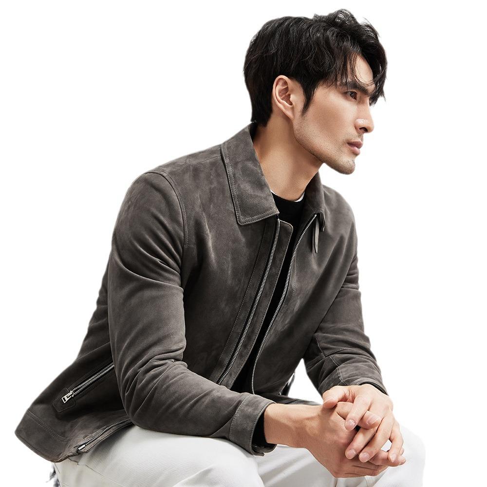 Light Luxury Fur Leather Jacket Men's Imported Suede Lapel Motorcycle Leather Jacket Men's Autumn Coat