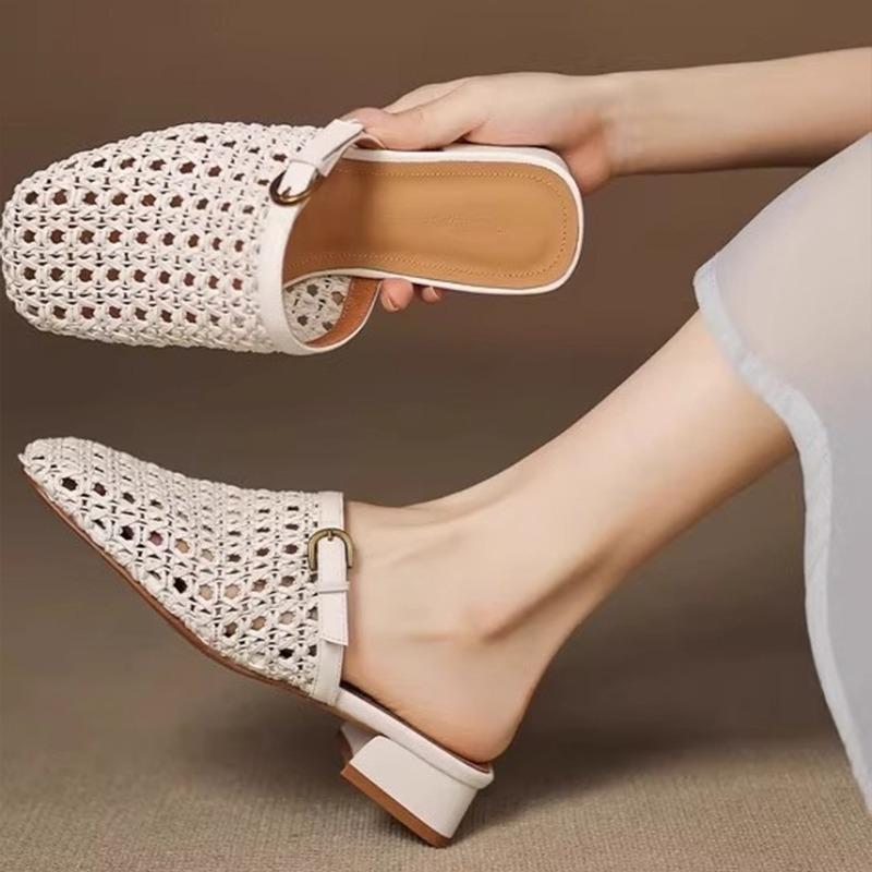 

Мода Лето 2025 Новые Ретро Плетеные Дышащие С Вырезами Полузакрытые Повседневные Туфли На Блочном Каблуке Женская Обувь 40