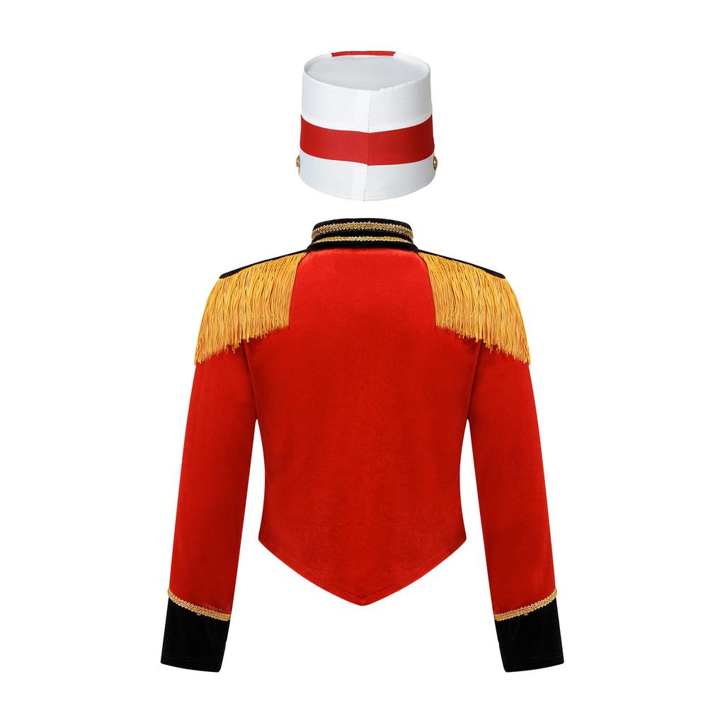 Girls Marching Band Costume Set Long Sleeve Stand Collar Tassel Shoulder Button Down Jacket Hat