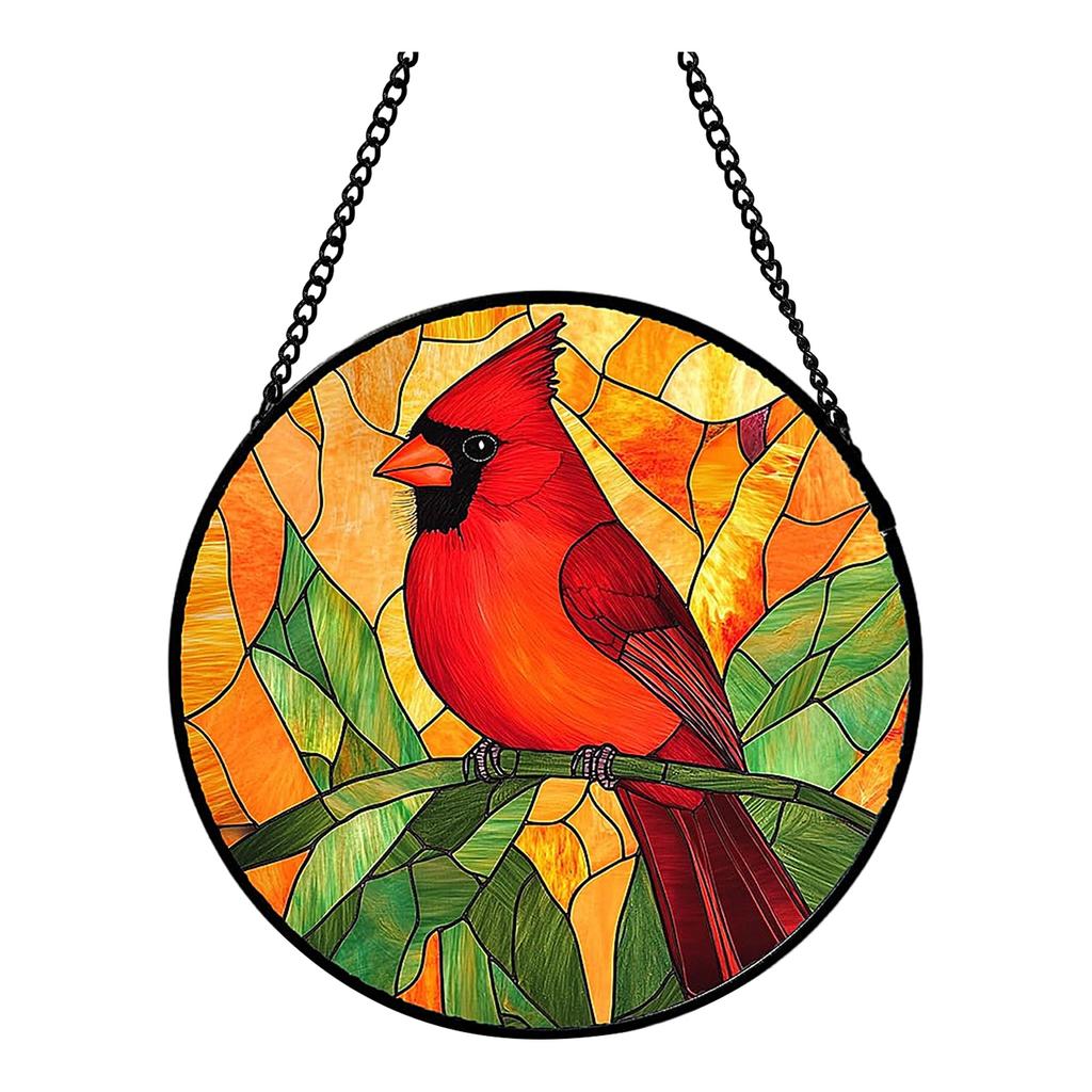 Acrylic Hanging Window Ornament Stained Glass Style Bird Design Round Shape Decorative Suncatcher with Chain for Indoor Outdoor Display